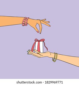 Giving a gift concept. Illustration of line drawing of a hand holding a small gift box. Receiving a gift box. Vector illustration