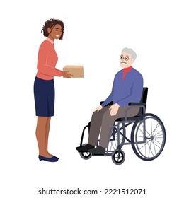 Giving gift for the elderly. An elderly man receives a parcel. Social assistance and support. Volunteers Online ordering service during quarantine. Vector illustration