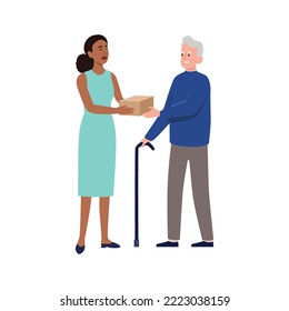 Giving gift for the elderly. An elderly man receives a parcel. Social assistance and support. Volunteers Online ordering service during quarantine. Vector illustration