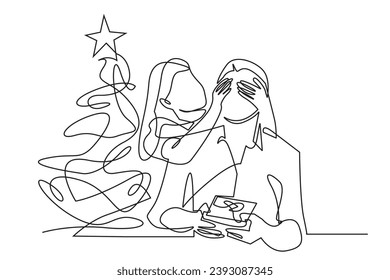 giving a gift to father on christmas day.single line vector of girl giving gift to father on christmas celebration.single line vector isolated white background