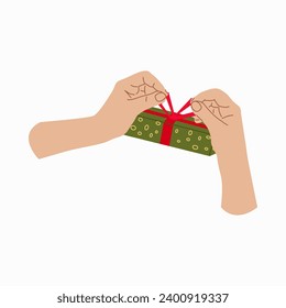 Giving a gift. Hand with Gift box Design for banner, web. Hands tie the bowknot on the gift. Vector illustration...