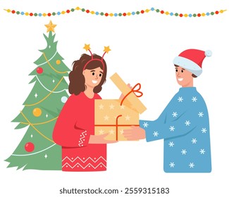 Giving gifts for Christmas concept. Happy man giving gift with presents to young woman. Girlfriend and boyfriend in love. Happy holiday congratulations. Vector characters vector illustration.