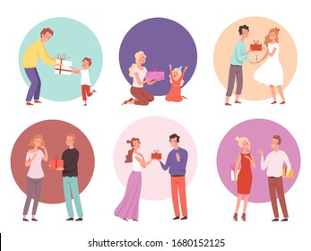 Giving gifts. Family presenting surprize for kids happy couples with gifts vector characters