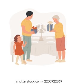 Giving gifts isolated cartoon vector illustration. People sharing gifts for religious holidays, old jewish celebration and traditions, blue color presents, positive spirit vector cartoon.