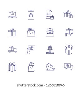 Giving gifts line icon set. Present box, vehicle, shopping bag, hand, gadget. Celebration concept. Can be used for topics like delivery, shipping, online store