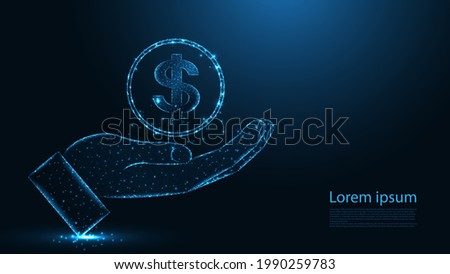 Giving hand with dollar line connection. Low poly wireframe design. Abstract geometric background. vector illustration.
