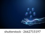 Giving hand with floating stem cells. Healthcare regenerative medicine, stem cell donation, transplantation, personalized therapy, cellular reprogramming concept. Low poly futuristic style. Vector
