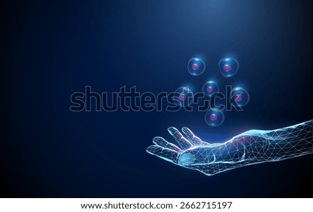 Giving hand with floating stem cells. Healthcare regenerative medicine, stem cell donation, transplantation, personalized therapy, cellular reprogramming concept. Low poly futuristic style. Vector