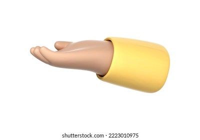 Giving hand gesture with empty open palm. Icon with 3D cartoon human arm holding, offer or showing something. Sign of assistance, presentation or begging. Vector 3d Illustration
