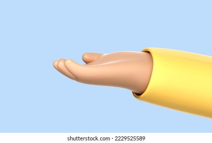 Giving hand gesture with empty open palm. Icon with 3D cartoon human arm holding, offer or showing something. Sign of assistance, presentation or begging. Vector 3d Illustration.