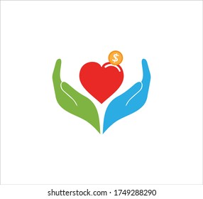 Giving Hand Gesture With Heart And Coin Vector Icon Logo Design Template For Charity, Donation Event And Non Profit Company