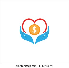 Giving Hand Gesture With Heart And Coin Vector Icon Logo Design Template For Charity, Donation Event And Non Profit Company