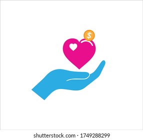 Giving Hand Gesture With Heart And Coin Vector Icon Logo Design Template For Charity, Donation Event And Non Profit Company