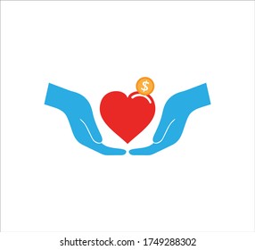 Giving Hand Gesture With Heart And Coin Vector Icon Logo Design Template For Charity, Donation  Event And Non Profit Company