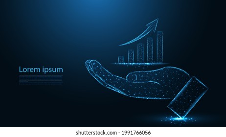 Giving hand with glowing chart line connection. Low poly wireframe design. Abstract geometric background. vector illustration.