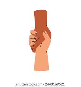 Giving hand to help, rescue. Two arms clasping, holding together. Support, trust, aid, assistance concept. Rescuer and salvation. Flat graphic vector illustration isolated on white background