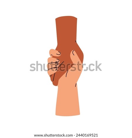 Giving hand to help, rescue. Two arms clasping, holding together. Support, trust, aid, assistance concept. Rescuer and salvation. Flat graphic vector illustration isolated on white background