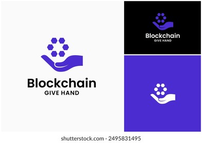 Giving Hand Present Gift Blockchain Cryptocurrency Data Technology Vector Logo Design Illustration