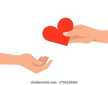 Giving a heart, hand gives a valentine. Concept: valentine's day, declaration of love, acceptance of feelings, giving love. Vector flat cartoon illustration isolated on white background, eps 10.
