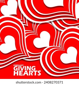 Giving Hearts Day event banner. Red heart shapes with bold text on red background to celebrate on February