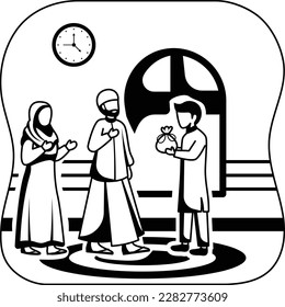 Giving Help vector icon Design, Ramazan and Eid al-Fitr Symbol, Islamic and Muslims fasting Sign, Arabic holidays celebration stock illustration, Ration Hamper Gift to Needy Family concept
