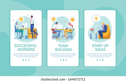Giving High Five to Colleague. Team Building Activities for Creating United and Effective Business Team. Creative Start Up Ideas for Inventive Activity. Three Banners with Copy Space for Extra Text.