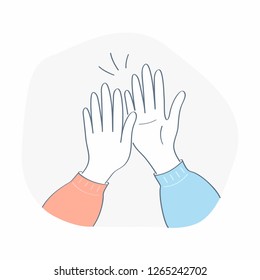 Giving high five, hands clap. Two hands giving high five to each other. Flat outline doodle vector illustration.