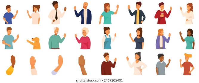 Giving high five icons set vector. A group of people are waving at the camera. The people are of different ages and races. Some are wearing ties and others are not