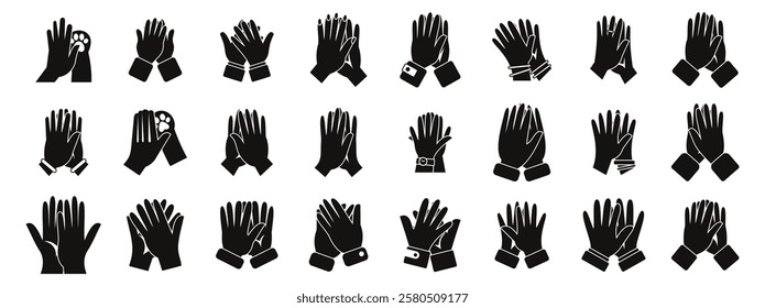  Giving high five icons set. Set of black silhouette hands clapping ovation, giving applause, congratulating performing artists, cheering, showing respect and appreciation