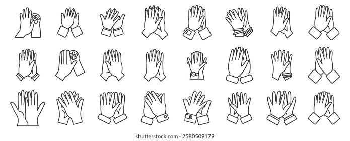  Giving high five icons set. Different hand gestures applauding, clapping, giving ovation, congratulating, supporting, cheering, gesturing