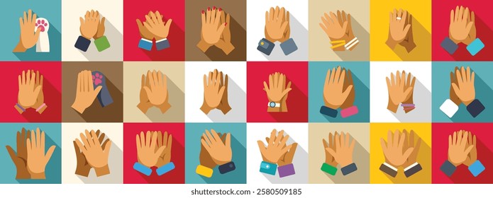  Giving high five icons set. Diverse hands clapping, symbolizing applause, agreement, congratulations, and appreciation