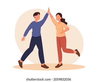 Giving High Five. Man And Woman Greet Each Other. Congratulations, Friends, Teamwork. Successful Colleagues Gesturing Hi, Partnership. Cartoon Flat Vector Illustration Isolated On White Background