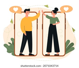 Giving high five online. Man and girl celebrating success, friends greet. Social media metaphor, good relationships. Modern technologies, vide conference, call. Cartoon flat vector illustration