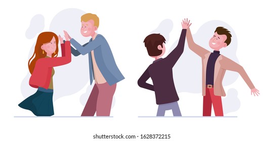 Giving high five set. Couple, male friends clapping hands, celebrating success flat vector illustration. Greeting, communication, teamwork concept for banner, website design or landing web page