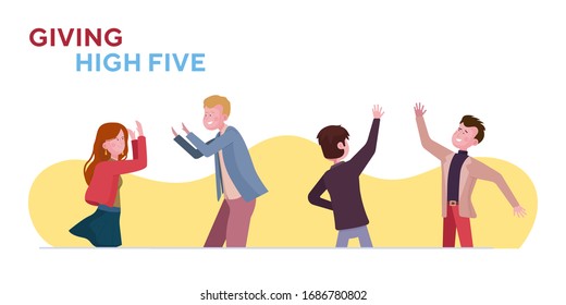 Giving high five set. Couple, male friends clapping hands, celebrating success flat vector illustration. Greeting, communication, teamwork concept for banner, website design or landing web page