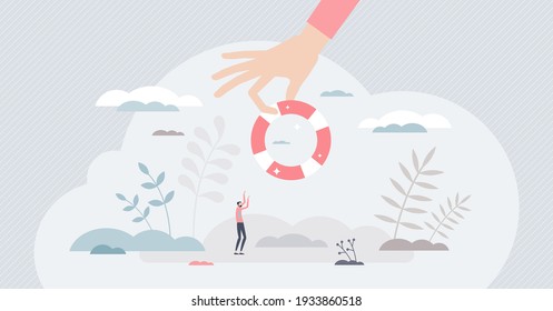 Giving hope with bailout and support in business crisis tiny person concept. Financial help from government as rescue ring to save private company vector illustration. Security for broke businessman.