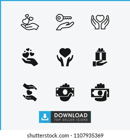 Giving icon. collection of 9 giving filled and outline icons such as heart on hand, hands holding heart. editable giving icons for web and mobile.