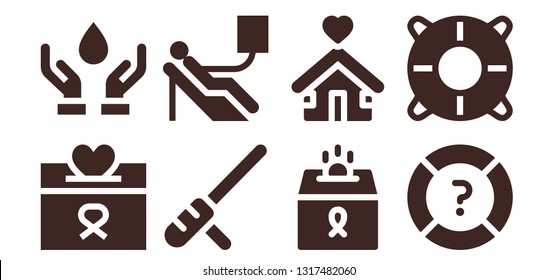 giving icon set. 8 filled giving icons.  Collection Of - Donation, Blood donation, Baton, Shelter, Help