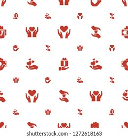 giving icons pattern seamless white background. Included editable filled heart on hand, gift on hand, hands holding heart, hand holding heart icons. giving icons for web and mobile.
