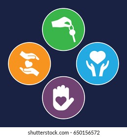 Giving icons set. set of 4 giving filled icons such as heart on hand, hands holding heart