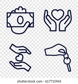 Giving icons set. set of 4 giving outline icons such as hands holding heart, hand with key