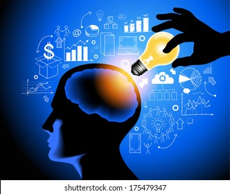 Giving Idea. Good Decision Concept. Pass Ã?Â¢?? Illustration. Hand with lamp and a head with a brain surrounded by sketches of icons. Help ideas. The file is saved in the version AI10 EPS. 