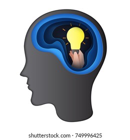 Giving idea to human brain concept.Paper carve of human head with getting idea from light bulb paper art style.Vector illustration.