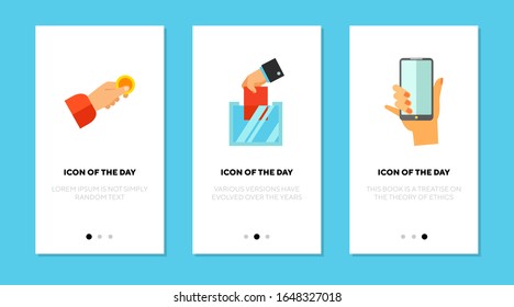 Concesión de un conjunto de iconos plano de artículo. Paquete de signos vectoriales aislados de objetos, papel, boleto. Concepto de gesto y acción. Elementos de símbolo de ilustración vectorial para diseño web y aplicaciones
