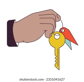 Giving key flat line concept vector spot illustration. Handing house key 2D cartoon outline hand on white for web UI design. Concierge, Real estate agent hand editable isolated colorful hero image