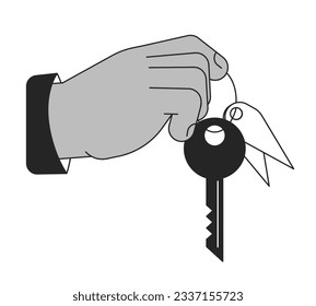 Giving key flat line vector spot illustration. Handing house key 2D cartoon flat line monochromatic hand for web UI design. Concierge, Real estate agent hand editable isolated outline hero image