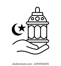 giving lampion with hand islamic outline icon button vector illustration