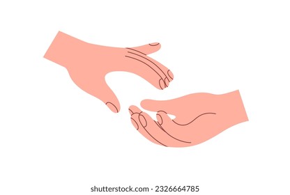 Giving, lending hand, reaching for help, love, care and support. Two arms. Volunteer, supportive friend assistance, romantic relationship concept. Flat vector illustration isolated on white background