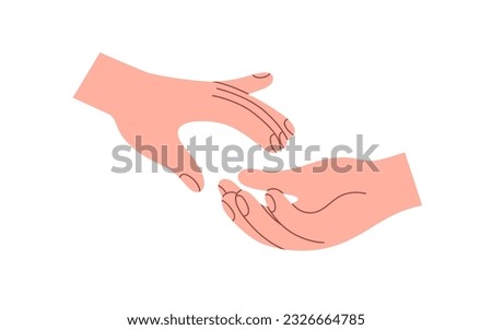 Giving, lending hand, reaching for help, love, care and support. Two arms. Volunteer, supportive friend assistance, romantic relationship concept. Flat vector illustration isolated on white background