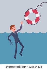 Giving a lifebuoy for drowning businessman. Cartoon vector flat-style concept illustration